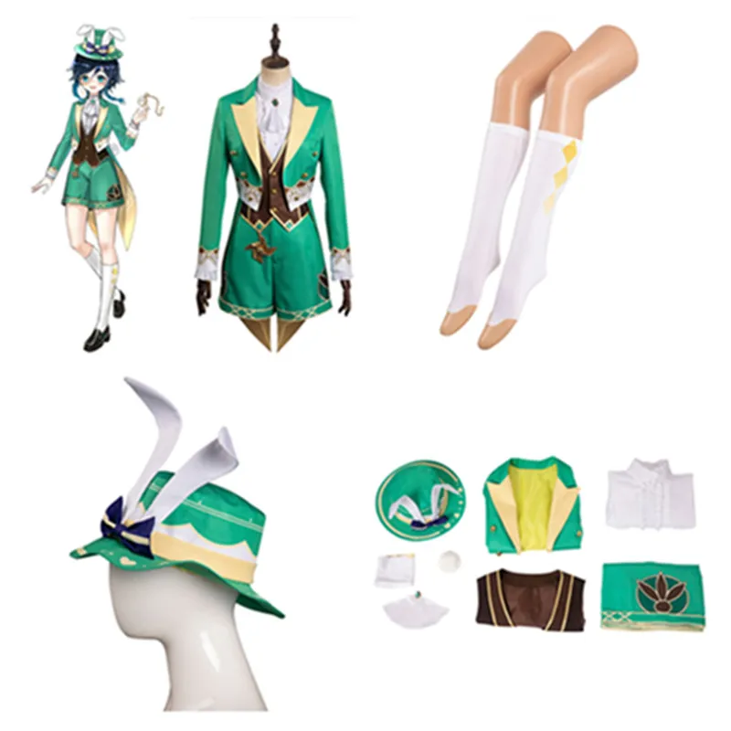 

Костюм для взрослых Genshin Impact Venti, костюм для косплея мистер Банни, пальто, шорты, шапка, наряды, костюмы на Хэллоуин, карнавальный костюм