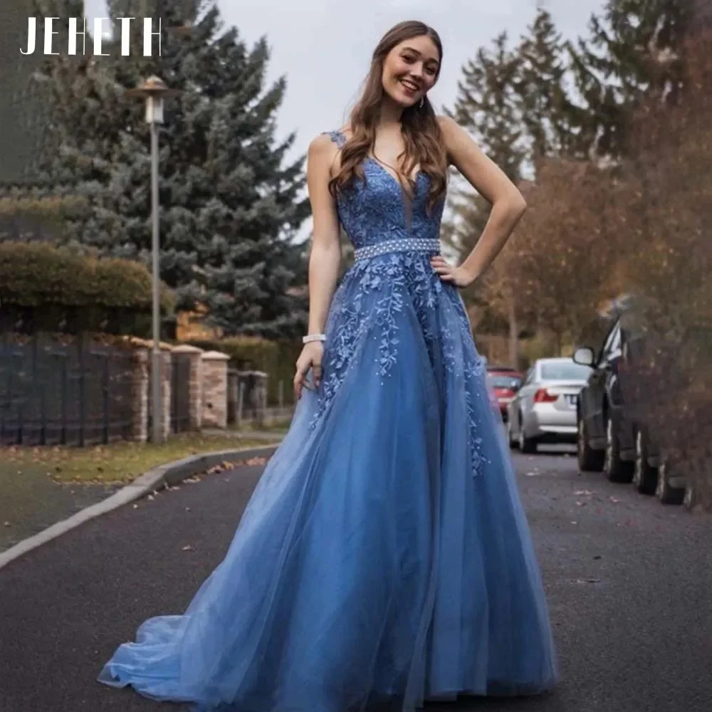 

JEHETH Blue Elegant Prom Dresses V-Neck Sleeveless Lace Applique A-Line Evening Dresses Tulle Sweep Train vestidos de noche