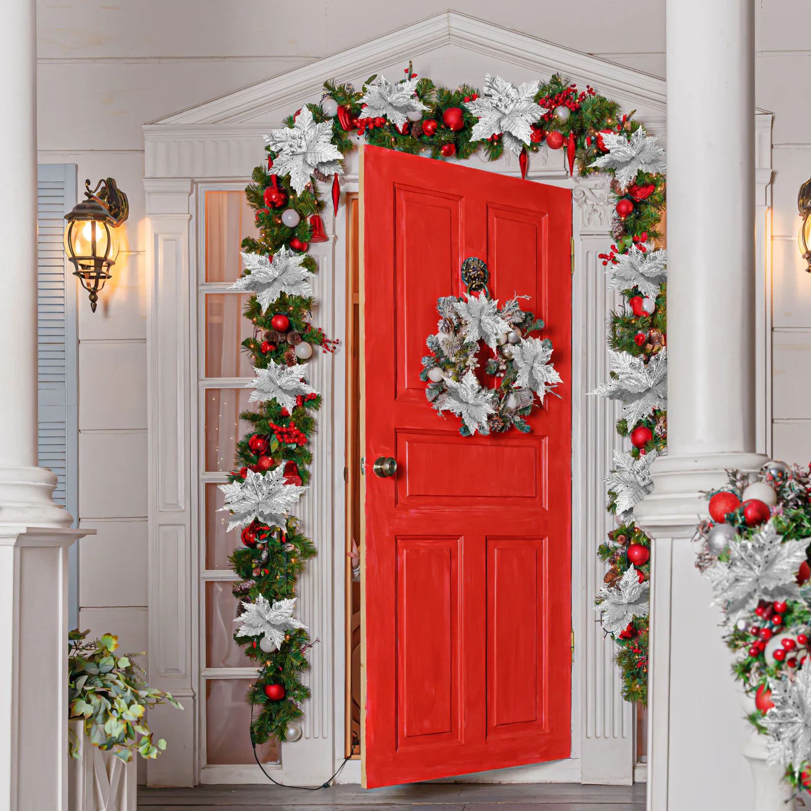 

Flowers Christmas Artificial Poinsettia Tree Flower Decorations Glitterfake Withornaments Decor Poinsettias Clips Silver Stem