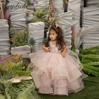 2022 pink flower girl dress tulle lace appliques sleeveless for wedding dress birthday ball gown sweet first communion dress