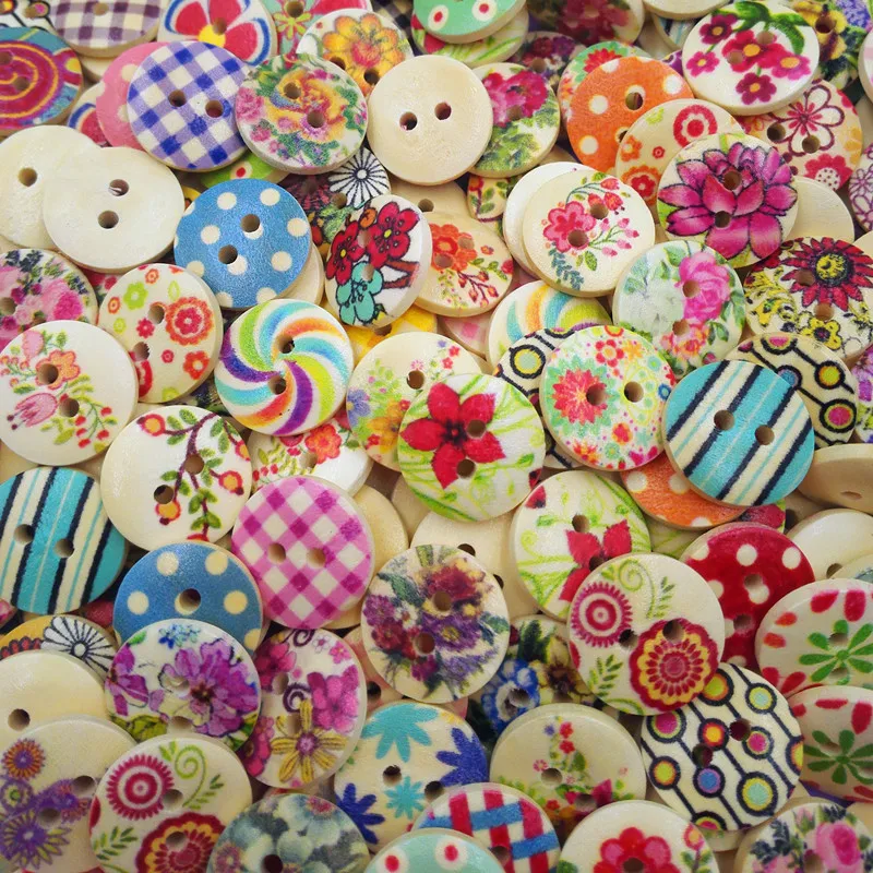

100pcs 15mm Natural Wood Round Floral Flowers Mixed Painted Buttons 2 Holes Sewing DIY Crafts Embellishments For Scrapbooking