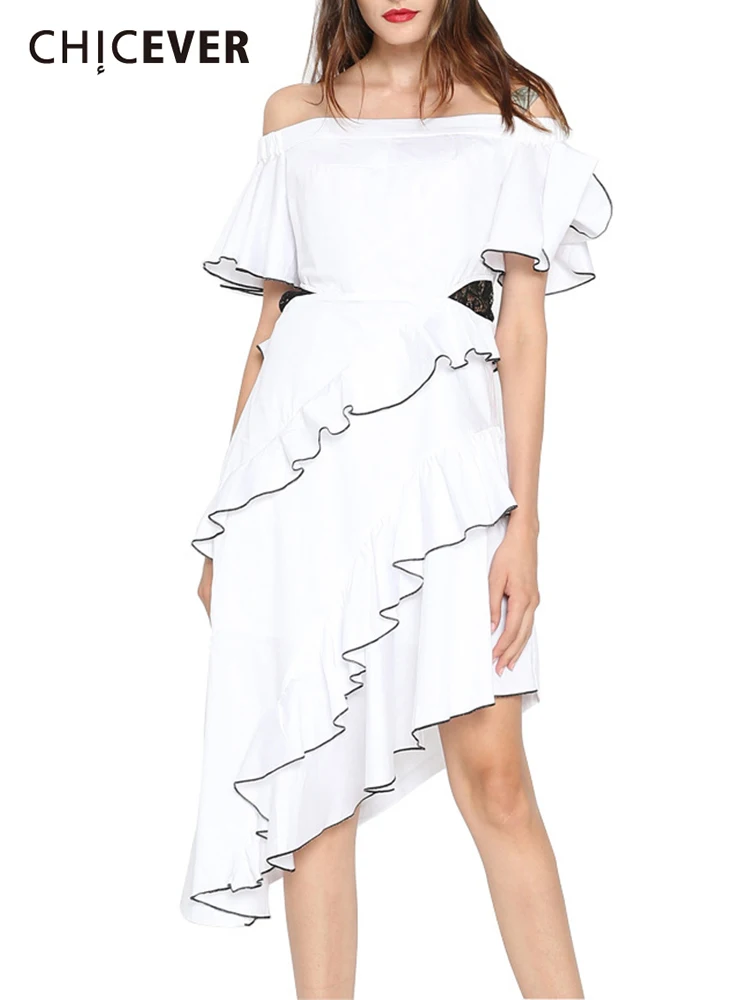 

CHICEVER Elegant Midi Dress For Women Slash Neck Short Sleeve Patchwork Ruffle Trim Irregular Dresses Female Clothing 2022 New
