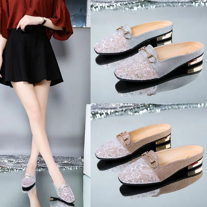 

Летние 2022 новые модные женские туфли с ажурным кружевом дышащие уличные шлепанцы на толстой подошве с острым носком Повседневные Удобные с...