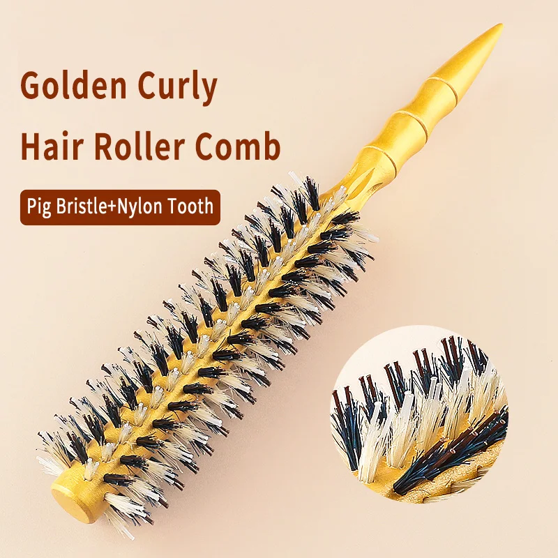 

New Golden Boar Bristle Nylon Hair Round Comb Barber Hair Roller Wood Hair Brush Salon Hairdressing Combs for Women Hair Curly