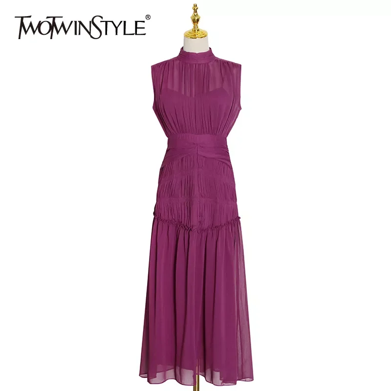 

TWOTWINSTYLE Vintage Ruched Dress For Women Stand Collar Sleeveless High Waist Chiffon Midi Dresses Female 2022 Fashion New