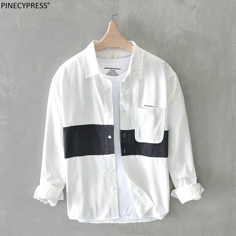 

100% Cotton Spring Autumn Man Casual Shirt Pocket Single Breasted Male Clothing Turn Down Collar Patchwork Long Sleeve Men Shirt