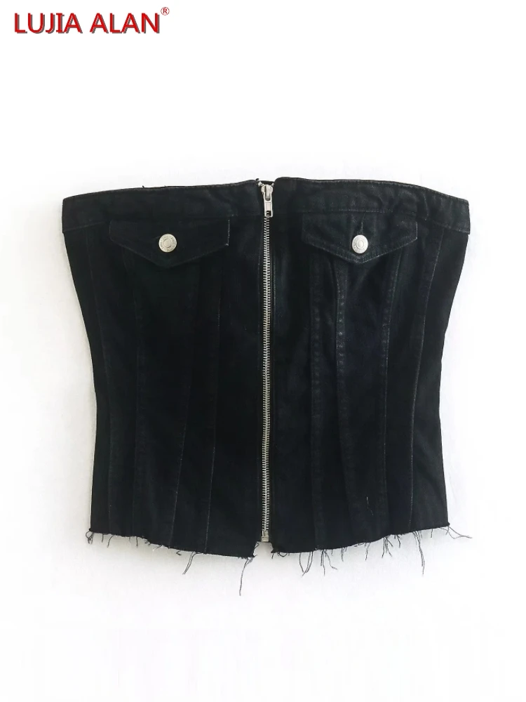 

New Women Flap Pockets Corset Denim Shirt Casual Lady Zip Placket Blouse Black Slim Fit Tops LUJIA ALAN B1109