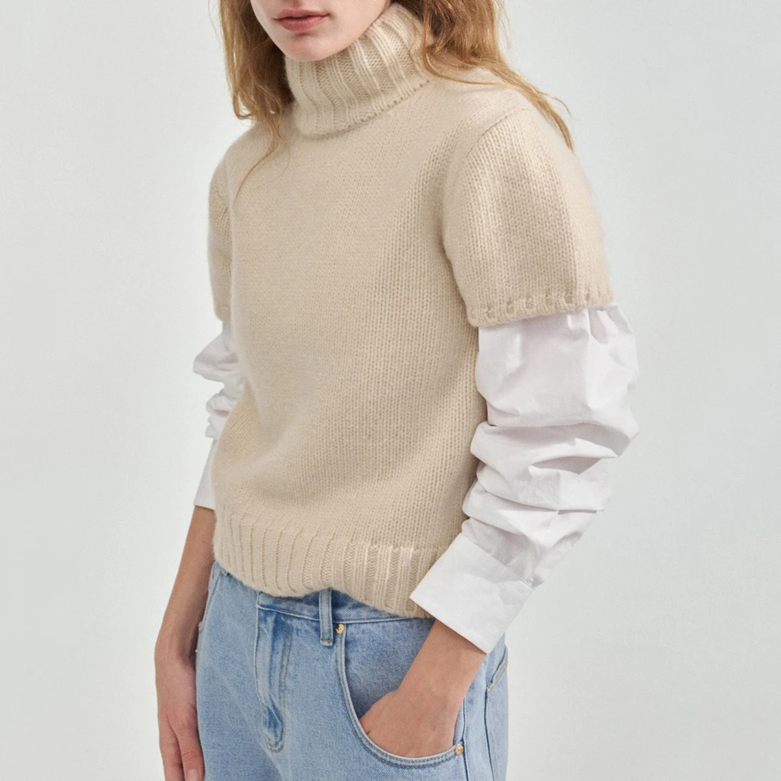 

High-neck wool sweater simple casual knitted sweater women 2023 spring new hundred knitted pullover short-sleeved T-shirt