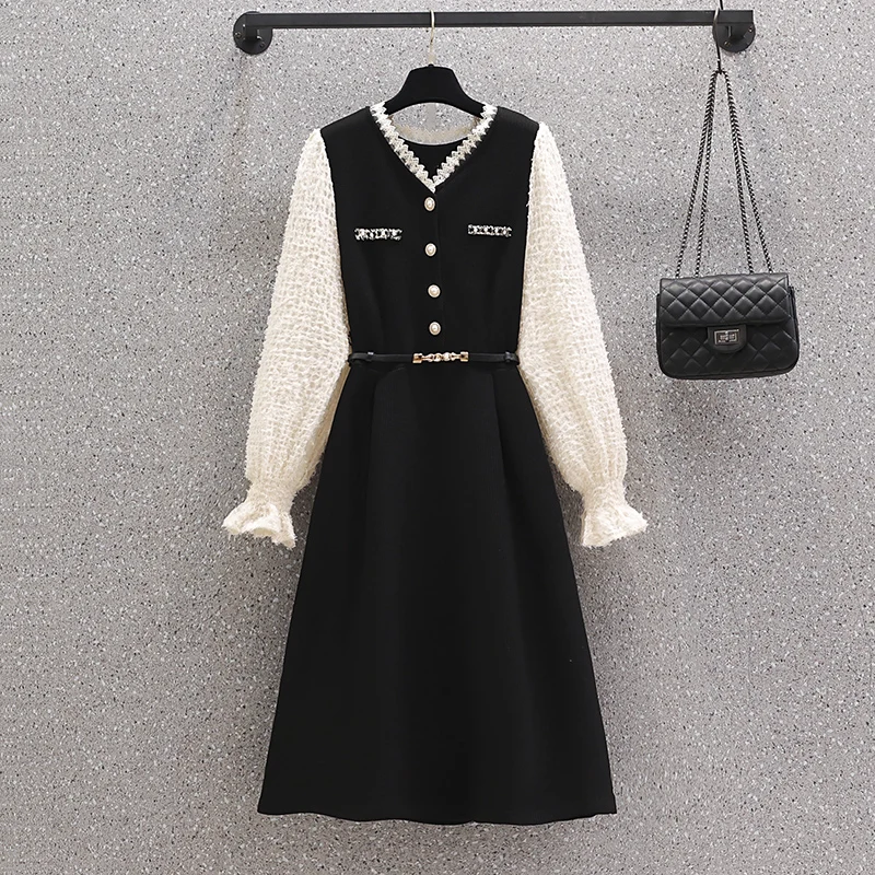 Large Size Women Clothing New 2022 Autumn Winter Lace V-neck Plaid Long Sleeve Patchwork Pearl Buttons Black Luxury Midi Dresses