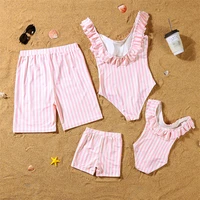 striped family matching swimwear ruffled mother daughter swimsuits mommy and me bikini clothes outfits father son swim shorts