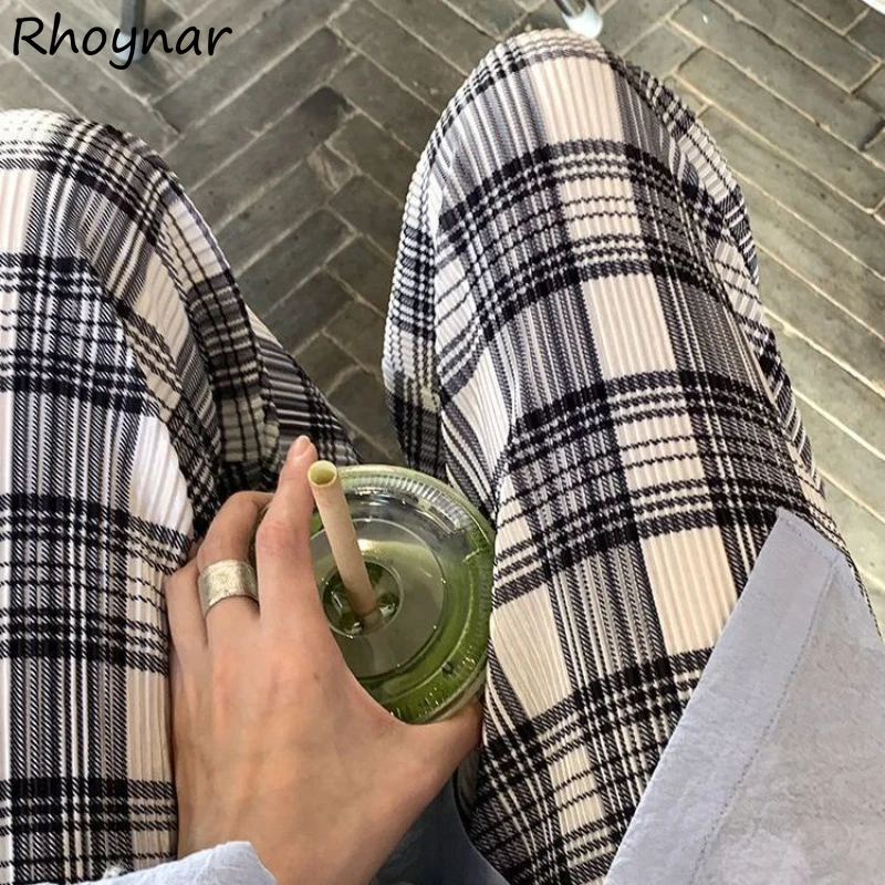 

High Elastic Waist Pant Women Plaid Baggy Folds Comfort Summer Clothing Hot Sale Streetwear Korean Style Simple Design All-match