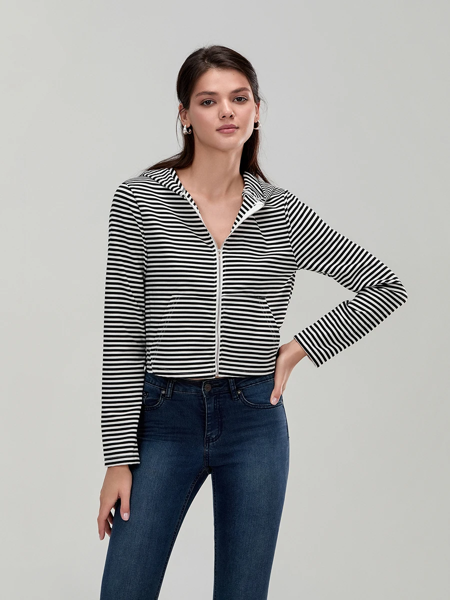 Женские осенние толстовки с капюшоном в полоску и длинными рукавами укороченное