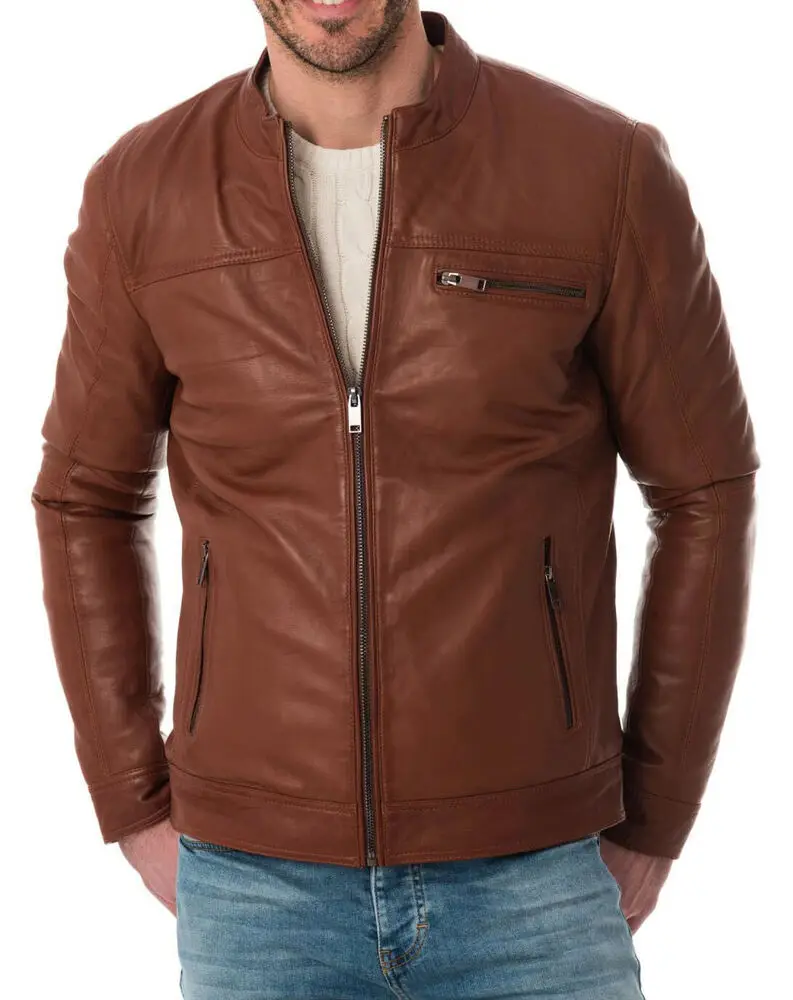Men's Authentic Sheepskin Leather Jacket Motorcycle Rider Bomber Tan Jacket European and American Fashion Trend