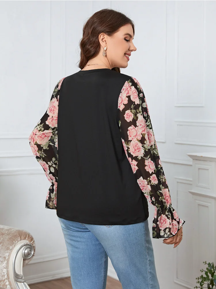 Temperament Commuter Large Women's Printed Shirt Lantern Cuffs Female plus size top plus size