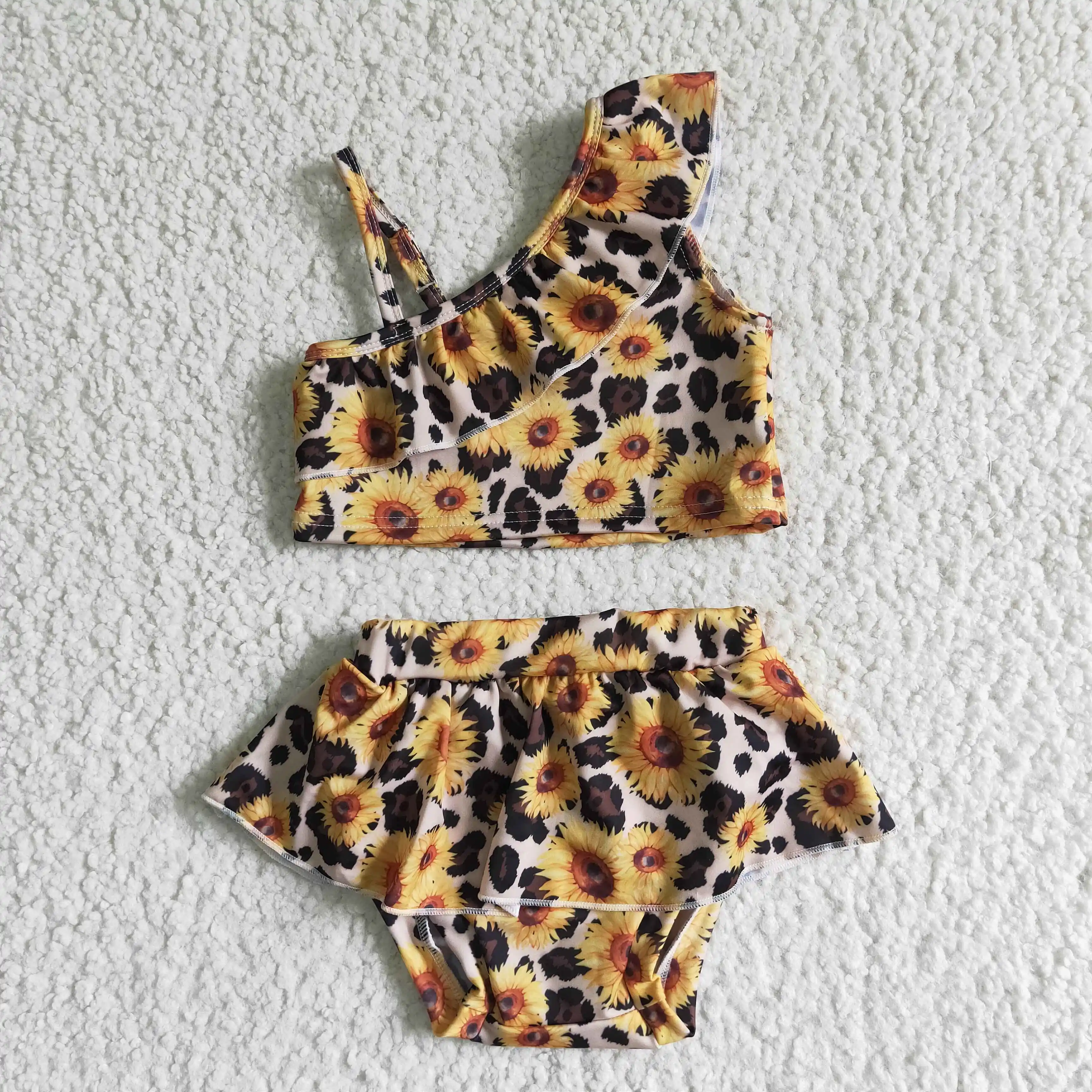

Summer baby girl clothes swimming pool sunflower leopard print girl bikini boutique kids swimming suit RTS NO MOQ