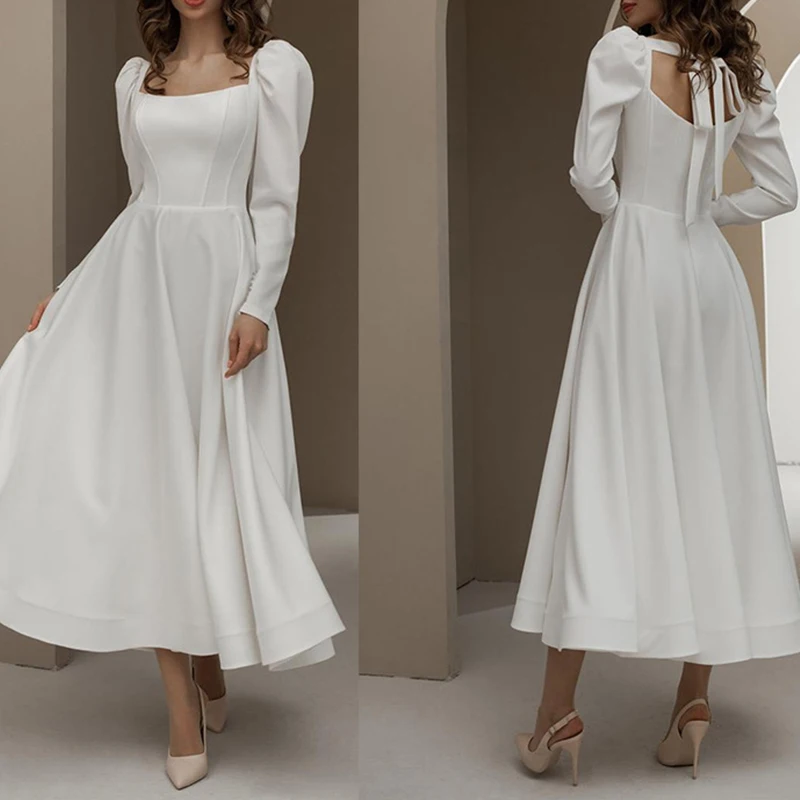 

2021 White Square Collar Long Sleeve Sexy Fashion Simple Prom Dresses Lady Elegant Evening Party Vestido Cosy Frock for Girls