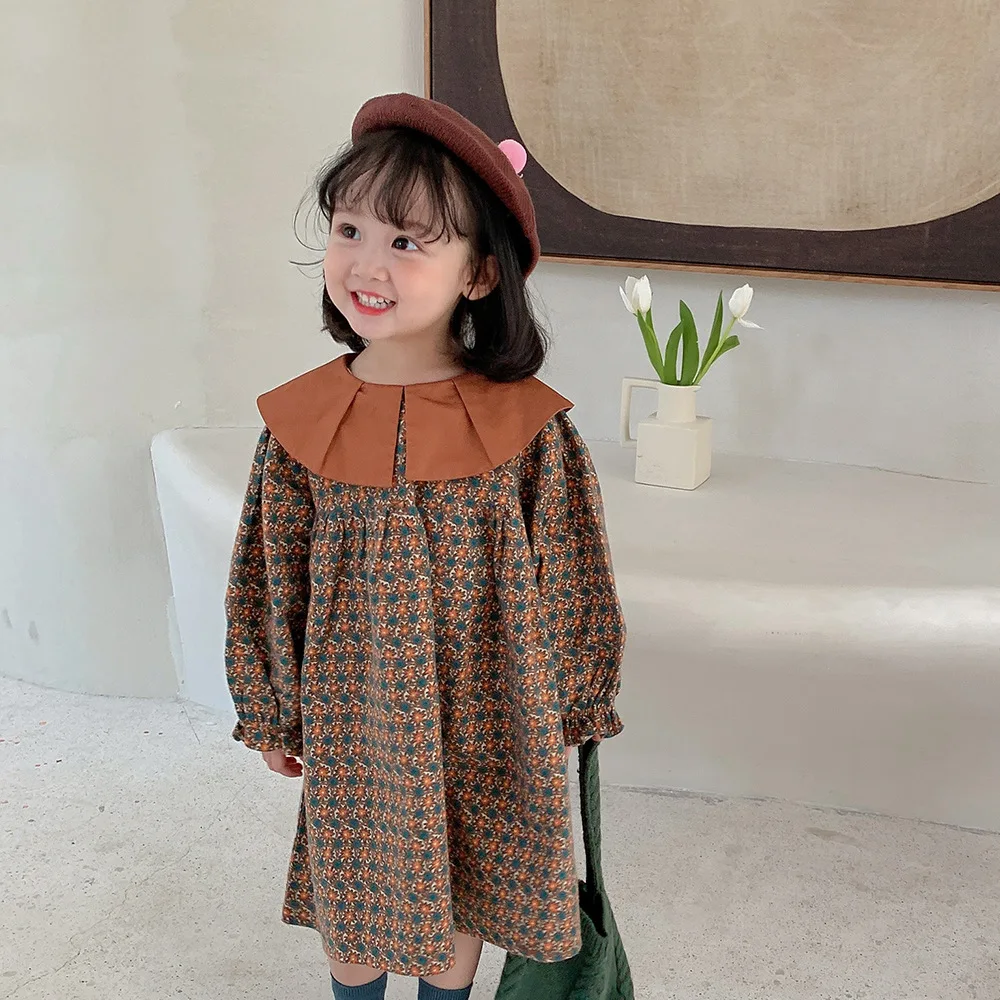 

Newborn Girl Clothes Princess Dress New Retro Style Colorblock Floral Dress Literary Cotton Loose Long-sleeved Kids Clothing