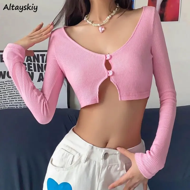 

Женские розовые футболки Hotsweet, летние укороченные топы в Корейском стиле, подходящие ко всему модные индивидуализированные футболки Ulzzang с длинным рукавом для отпуска и колледжа
