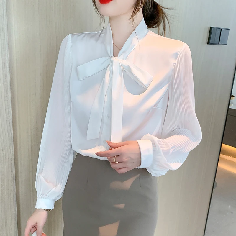 Женская шифоновая блузка с длинным рукавом и бантом на воротнике 2024