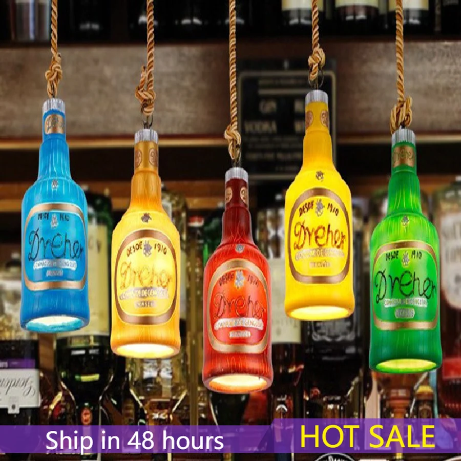 

American retro industrial style bar inn music cafe bar counter leisure KTV resin colored wine bottle chandelier