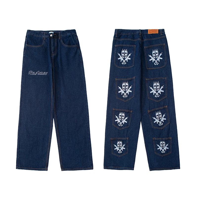 Retro Skull Gun Embroidery Washed Mens Jeans Pants Straight Spliced Ripped Loose Denim Trousers Oversized Casual Couple Pants