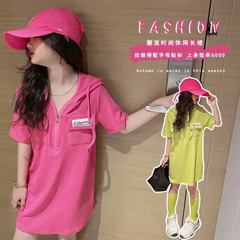 

2023 Girls Dresses Summer Fashion Short-Sleeved Hooded T-Shirt Princess Dresses for Children Clothes for Girls