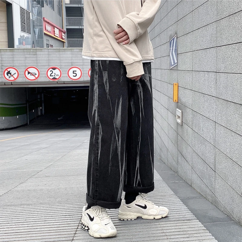 YIHANKE Men's Fashion Wide Leg Pants Baggy Homme Men Denim Trousers Classic Cargo Pocket Jeans Blue Men Casual Pants S-3XL