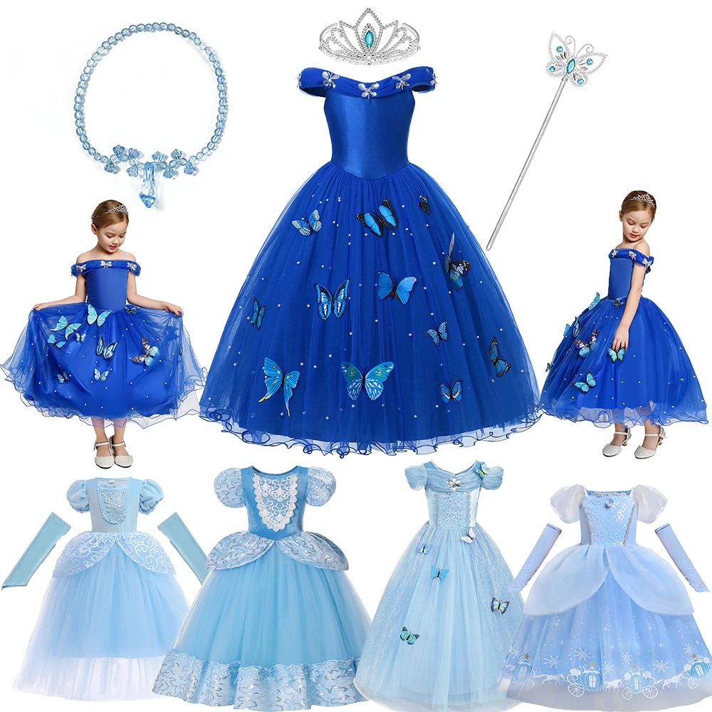 Girls Princess Cinderella Dress Up Kids Fluffy Bead Birthday Party Halloween Christmas Costume Kids Butterflies Sleeveless Dress