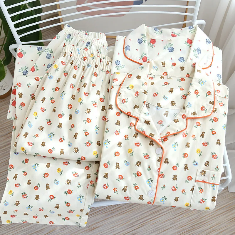 Spring/Autumn Women Cotton Pajamas Four Seasons Thin Long-sleeved Suit Plain Cloth Floral Middle-aged Elderly Living Clothes New