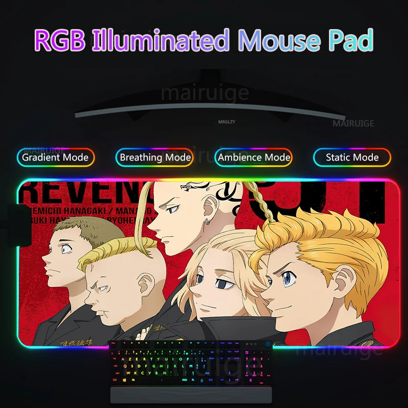 Anime RGB Led Mouse Pad Tokyo Revengers Rug MousePad Mikey Draken Gaming Accessories Large Keyboard Backlight MouseMat Desk Mat