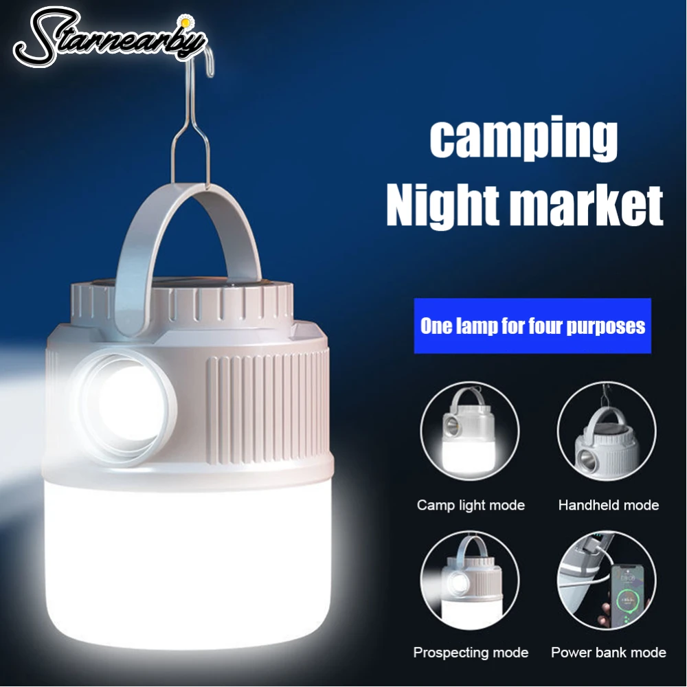 

Camping Lantern Flashlight Solar Type-C USB Charging Tent Lamp Portable LED Camping Lights Emergency Hiking Fishing Power Bank