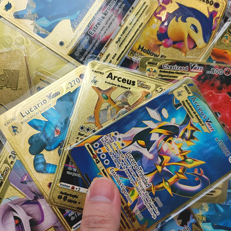 

Pokemon Metal Cards Charizard Iron Cards Pikachu Arceus Mewtwo Lucario Eevee Shiny Letters Vstar Vmax Spanish Gold Card Game