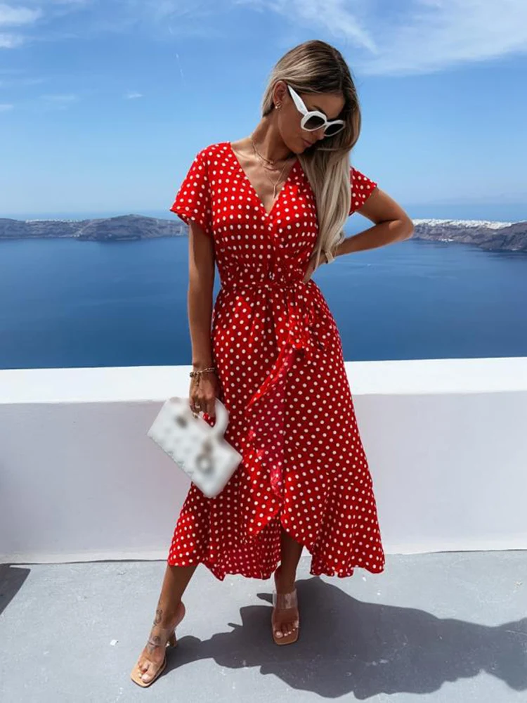 

Elegant Polka Dot Maxi Dress Women 2022 Sexy Deep V-neck Lace-up Ladies Irregular Ruffles Dresses Summer Casual Beach Dress Robe