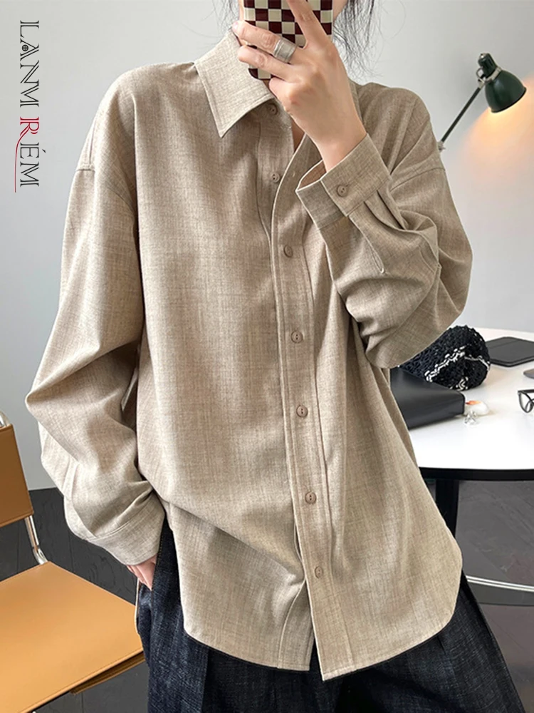 

[LANMREM] Linen Loose Shirt For Women Solid Lapel Long Sleeve Single Breasted Blouses Elegant Female 2023 Autumn New 26D1018