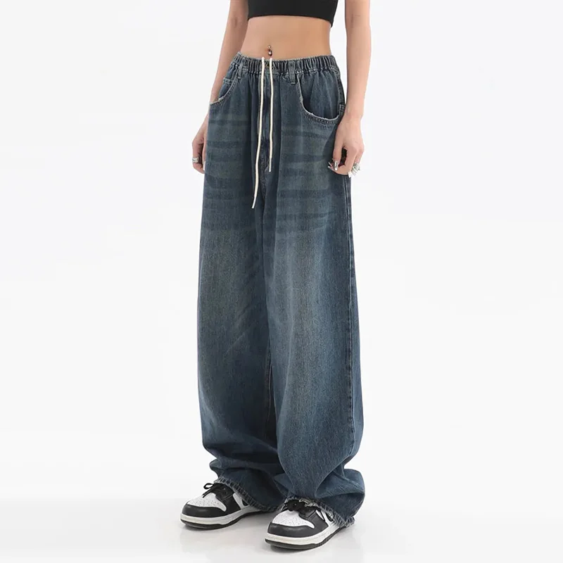 

American Style Vintage Baggy Jeans Women Elastic Waist Trousers Women's Wide Leg Streetwear Straight Basic Daily Denim Y2k Pants