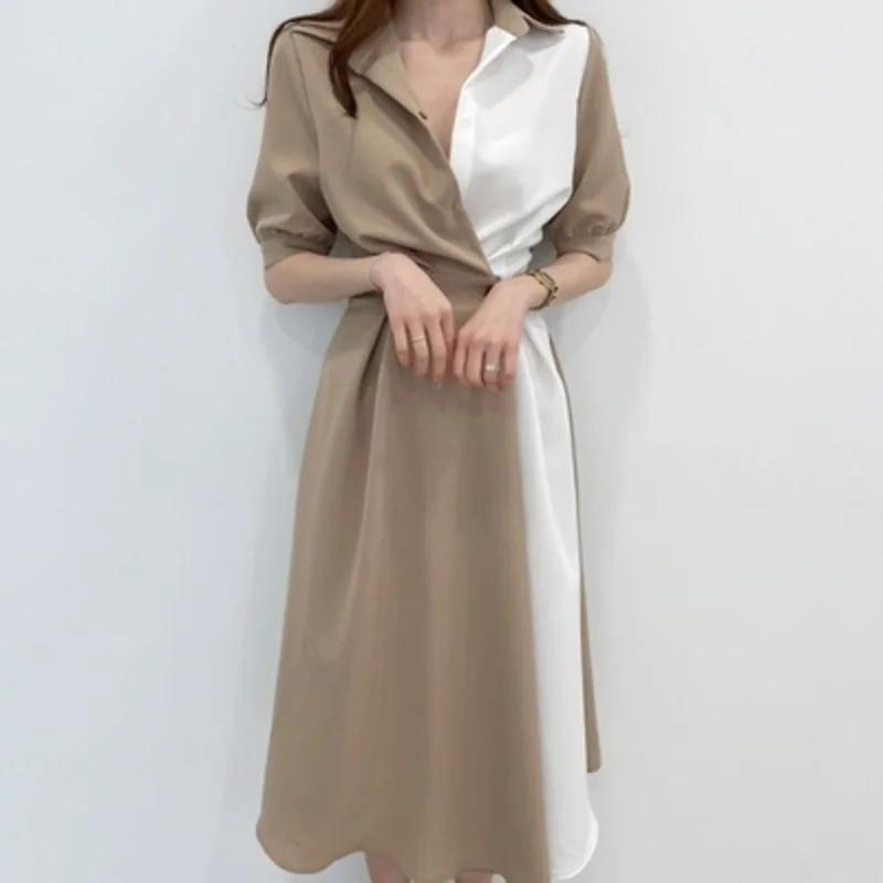 

Vintage Short Puff Sleeve Dress Women Patchwork Fashion Turn Down Collar Waist Korean Dresses Summer 2023 Shirt Dress