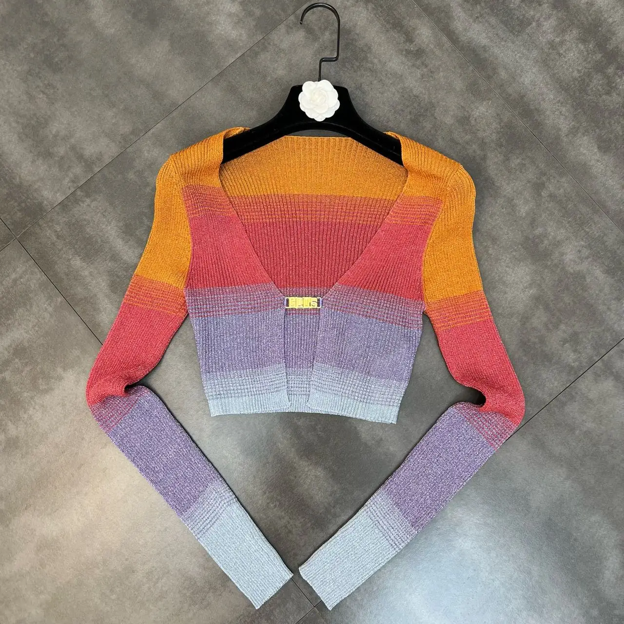 

High Quality Women's Spring V-neck Long-sleeved Striped Bright Silk Metal Button Hot Girl Style Ins Knitted Cardigan Crop Tops