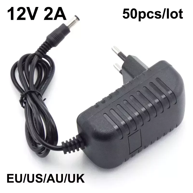 

50PCS 12V 2A 2000mA 100-240V AC to DC Power Adapter Supply Charger Charging wall plug for LED Strip Lamp Switch 5.5mm x 2.1mm