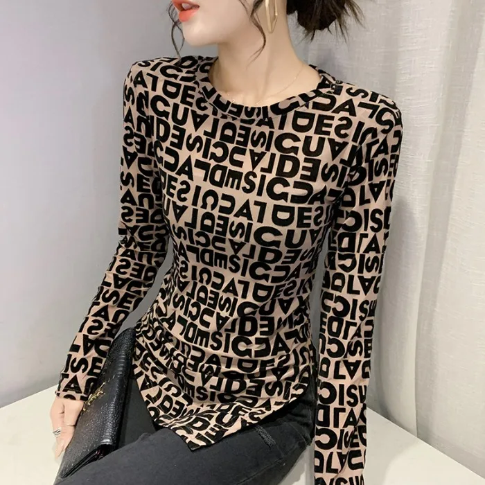 Fashion Irregular Split T-shirt Women's Long Sleeve European Goods Print Mesh Top Slim fit All-Match Bottoming Shirt Women Au...