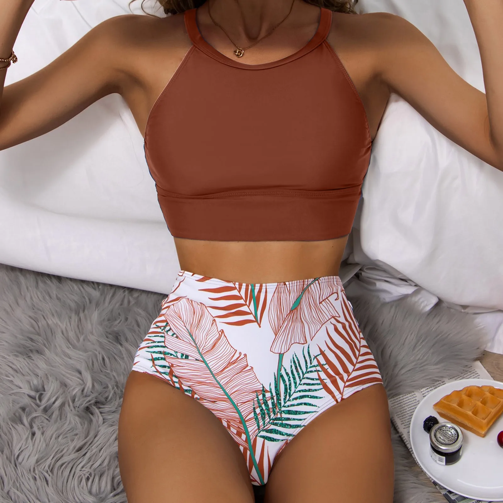 

Sexy Printed Bikini Split Waist Sports Women's Tropical Swimsuit High Swimwears Tankinis Set Bathing Suits for Women Retro