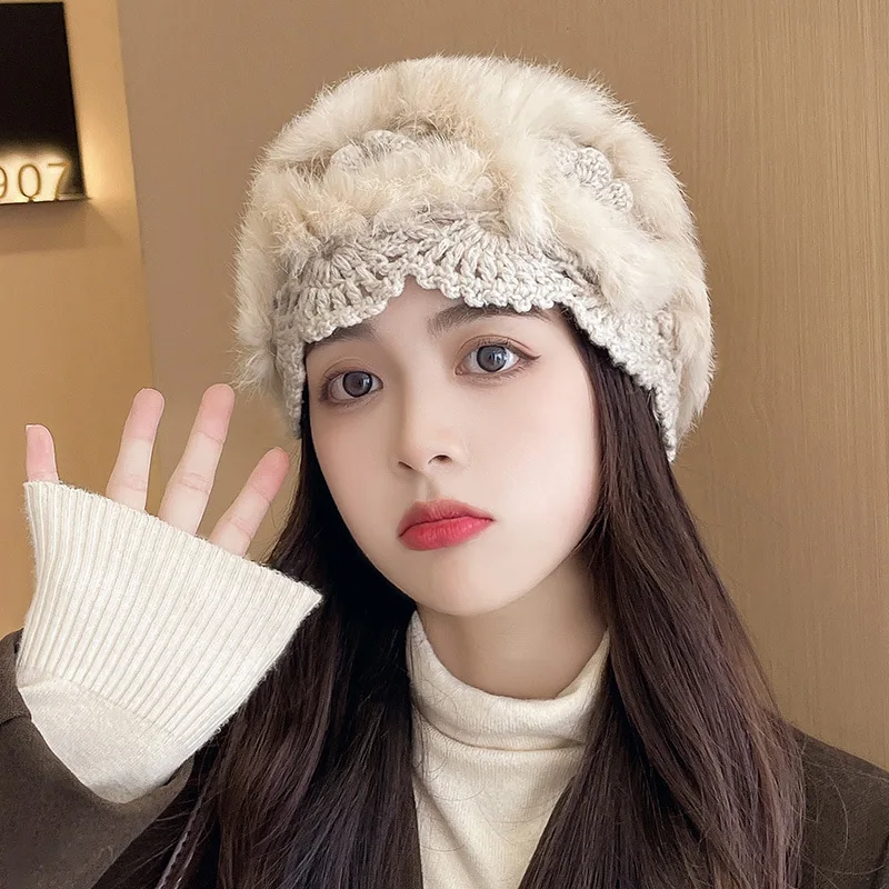 

Женская Соломенная Шапка ручная работа кролик, белая меховая шапка, вязаная шерстяная шапка, универсальная теплая плюшевая шапка на осень и...