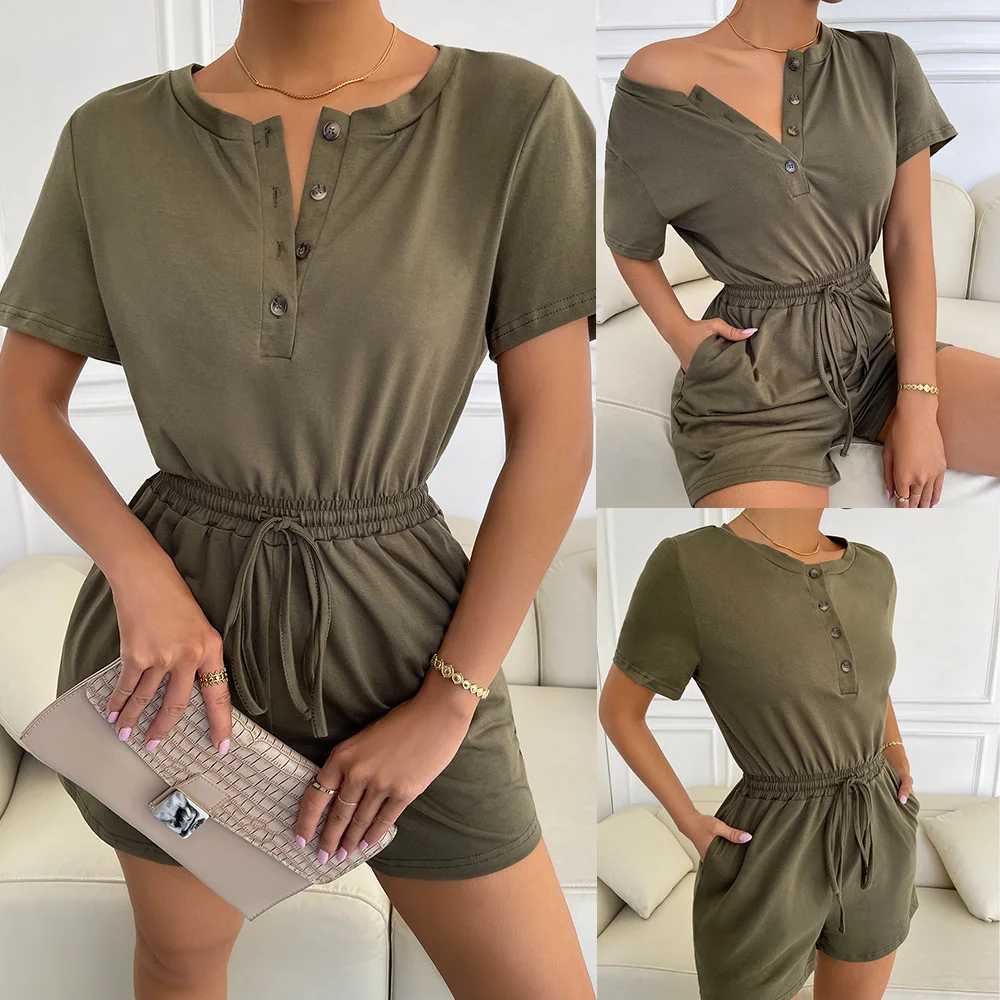 

2023Independently developed and designed us station solid short sleeve Jumpsuit summer drawstring Wide Leg Pants Top
