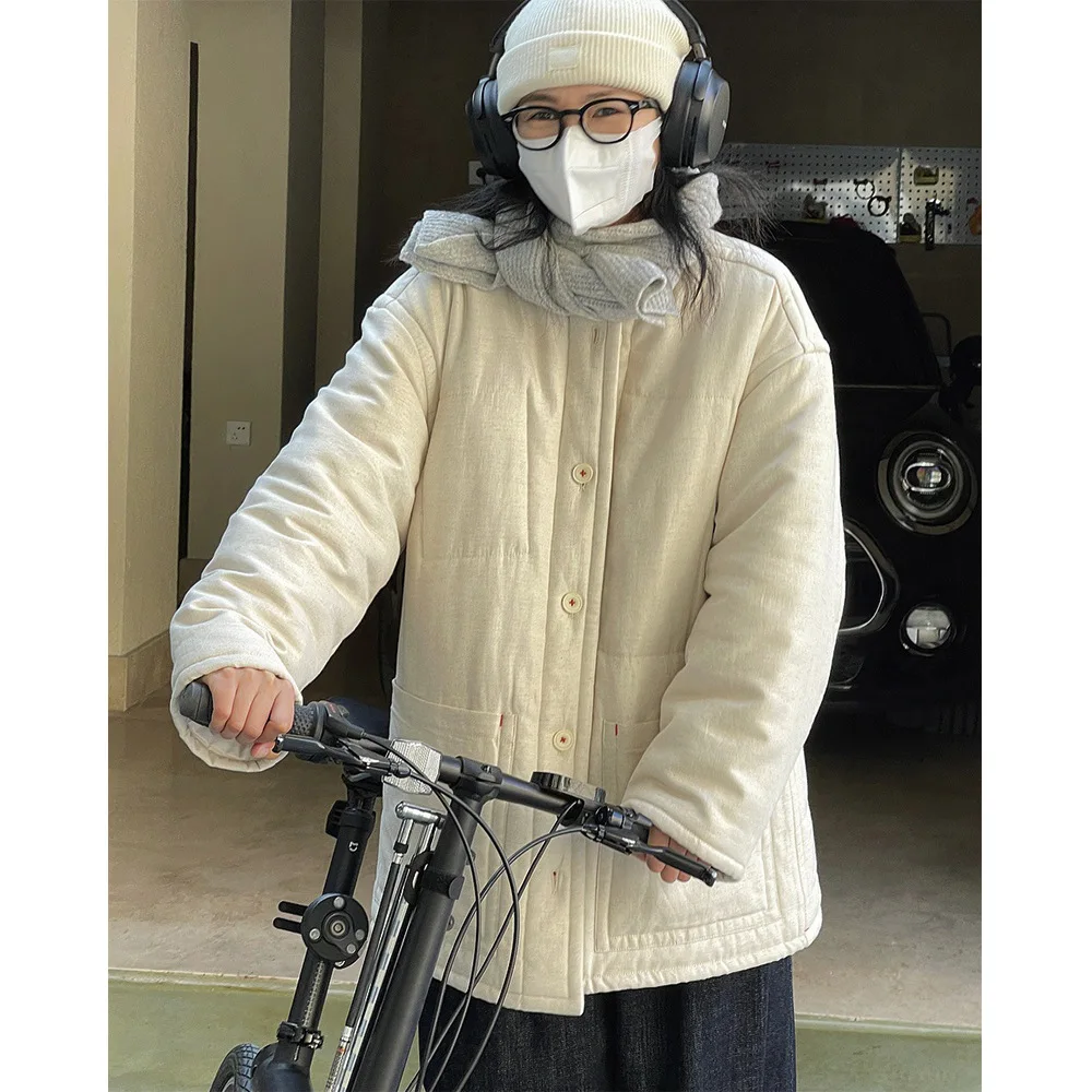 Winter New Vintage Round Neck Silhouette Jacket Cotton Jacket Loose Warm Thick Cotton Hemp Casual Coat for Women