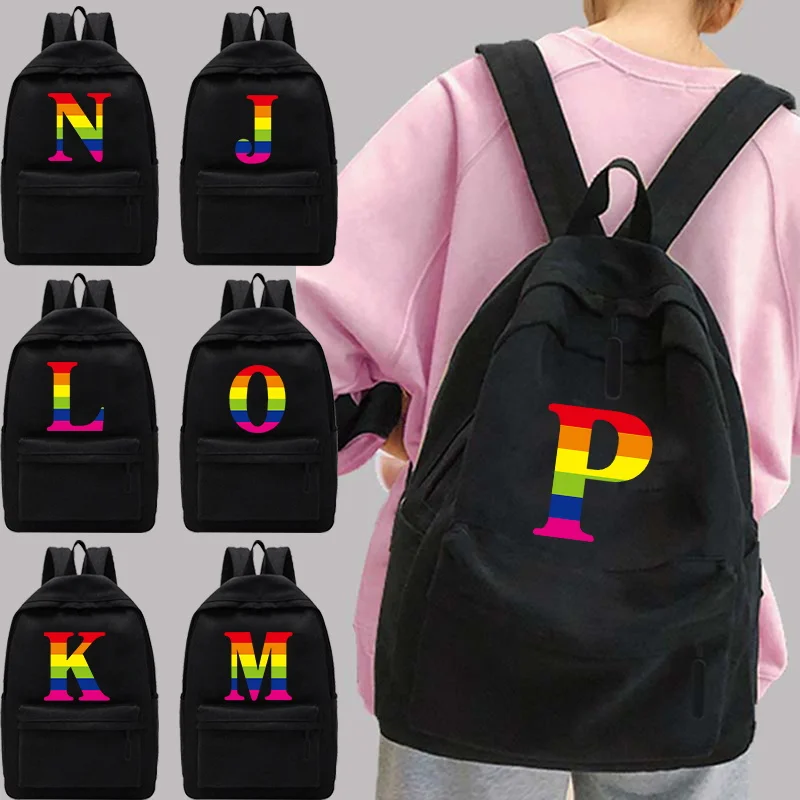 

Women's Backpack Rainbow Print Female Multi-pocket Casual Woman Travel Bag High Quality Schoolbag for Teenage Girl Book Knapsack