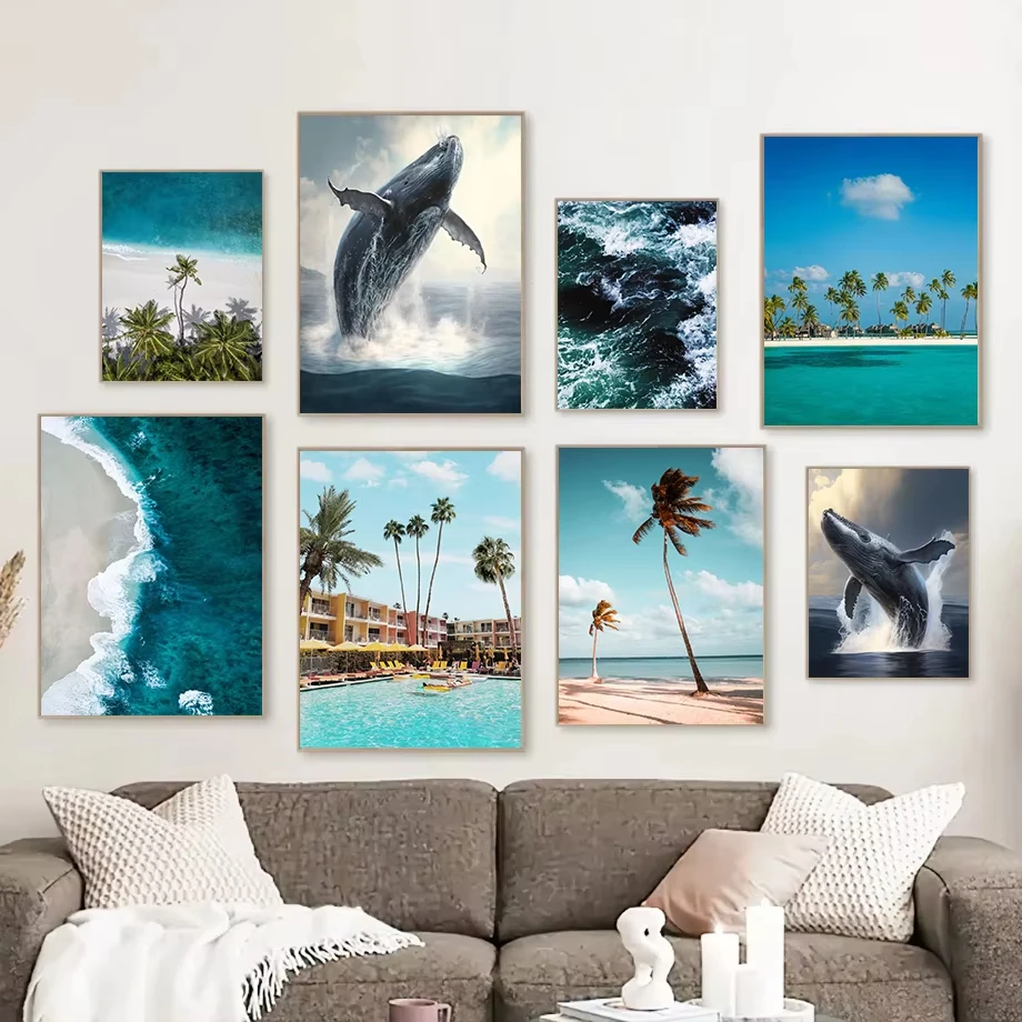 Скандинавская летняя Пальма пляж серфинг глубоководные морские киты постер