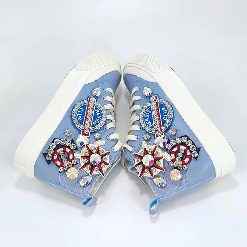 New Spring Autumn Blue High-top Student High Quality Rhinestone Women Lace Up Casual Canvas Rubber Female Flat Shoes BB20-22