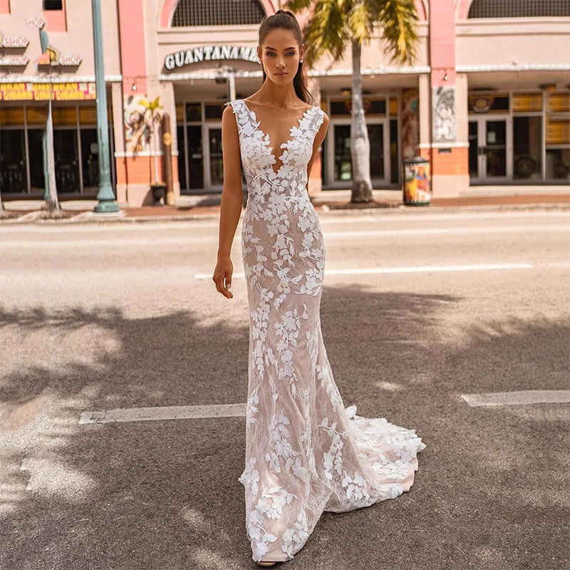 

QUEEN Elegant Wedding Dress 2022 Mermaid Illusion Scoop Neckline Lace Appliques Satin Bridal Gowns Sexy Backless Custom Made