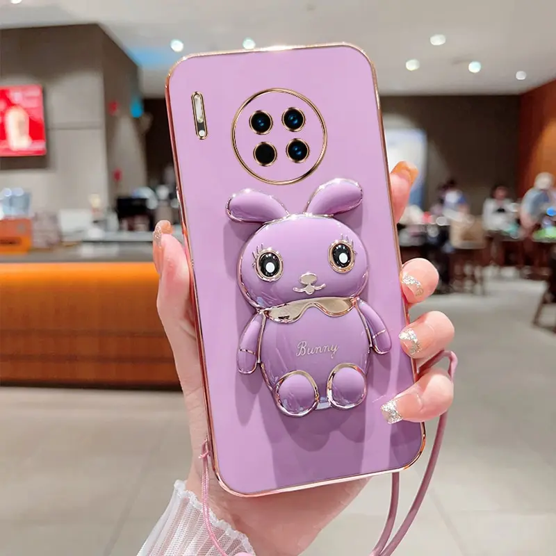 

Phone Case For Huawei Mate 30 Pro Luxury Plating Square Rabbit Holder With Landyard Phone Case Cover