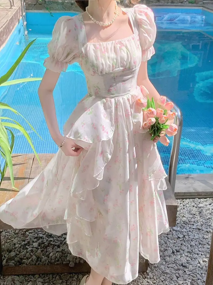 

French Temperament Puff Sleeve Pink Floral Dress Female Summer Fairy Spirit Forest System Dress Korea Sweet Elegant Dress