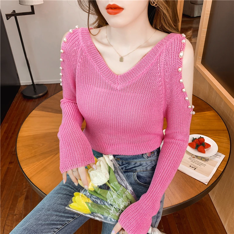

Ladies Fashion Tops 2022 Women V-neck Pearl Basics Black Off Shoulder Sweater Girls Spring Autumn Casual Female Cute Pullover